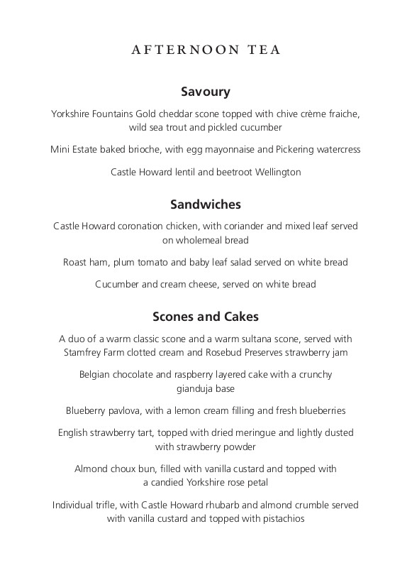 Castle Howard - Afternoon Tea menu